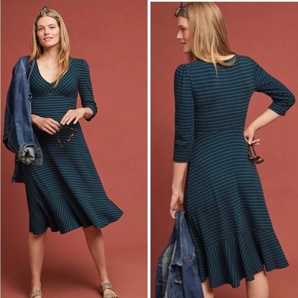Maeve Y2K Babydoll Striped Sweater Midi Dress Women Size S Green Blue 90s